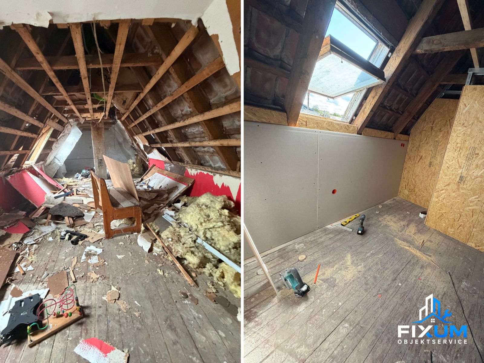 Dachgeschoss vor und nach dem Trockenbau mit neuer Ständerwand und eingebautem Dachfenster