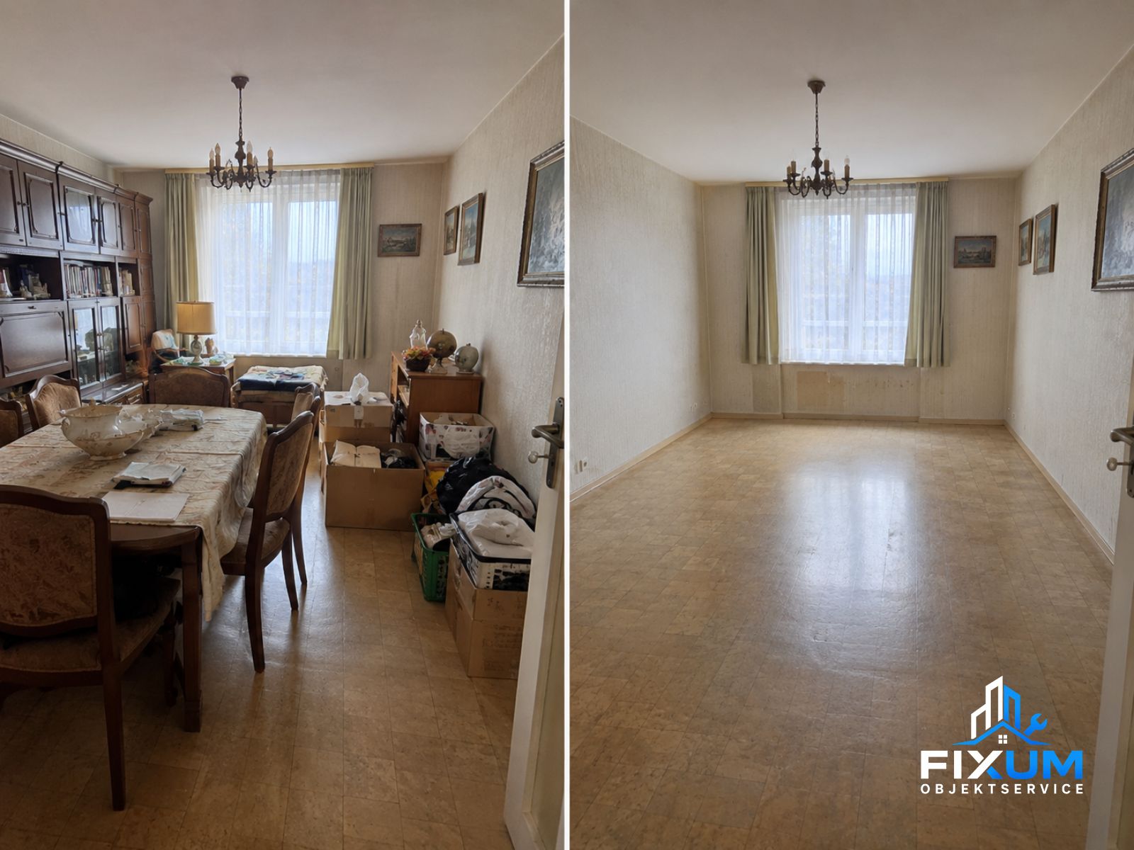 Vollständig eingerichtetes Wohnzimmer vor und nach der Haushaltsauflösung durch Fixum Objektservice