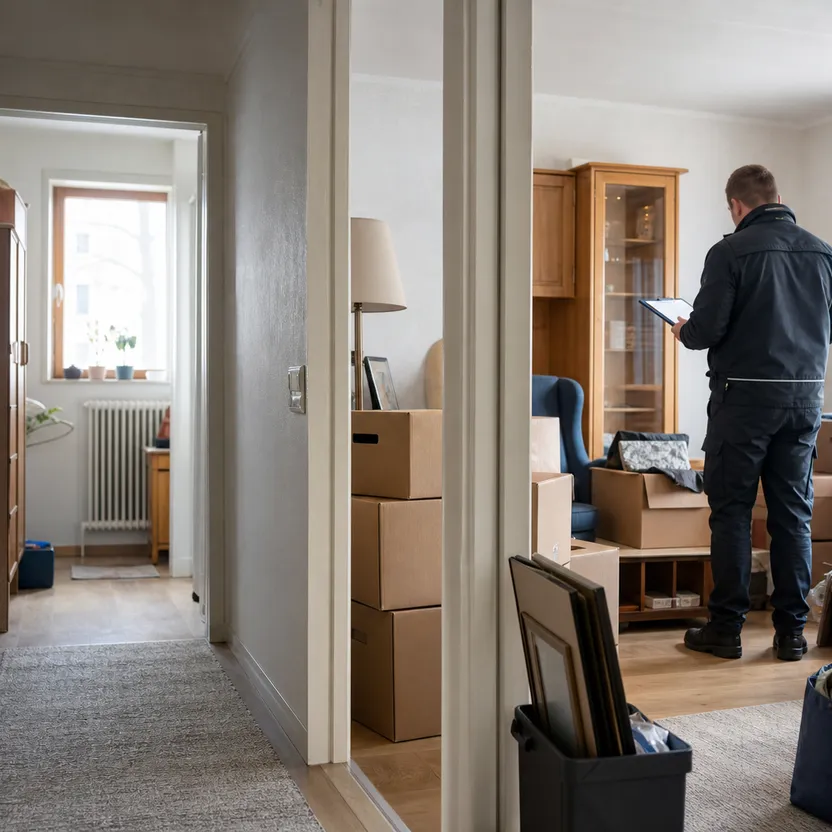 Wohnraum während einer Haushaltsauflösung, Hausrat zum Abtransport vorbereitet.
