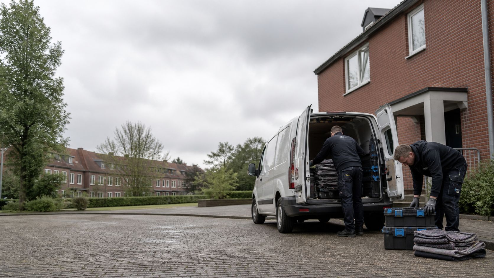 Fahrzeug und Team von Fixum Objektservice bei der Objektvorbereitung
