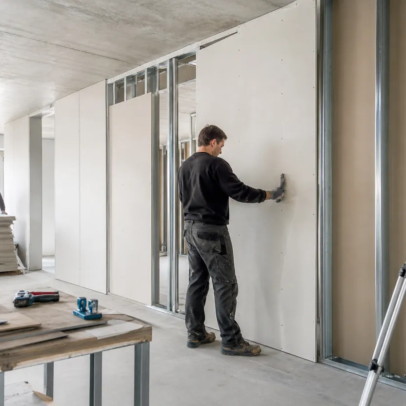 Trockenbauwand im Innenausbau, Ständerwerk teilweise beplankt.