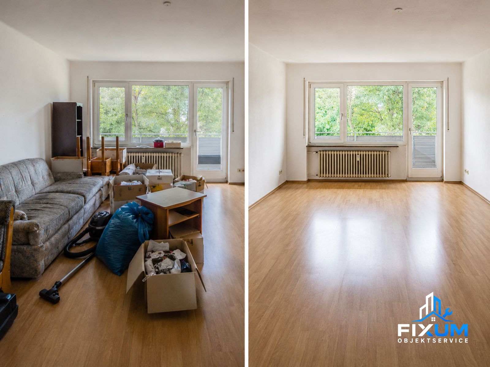 Wohnzimmer mit Restmöbeln und Umzugskartons vor und nach der Wohnungsräumung
